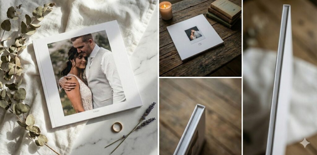 Exemplo de álbum de casamento, mostrando a capa, contracapa e lombada.