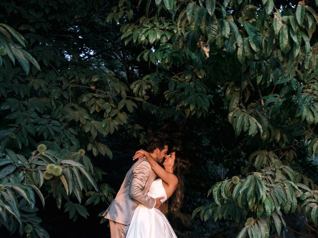 Noivos abraçados prestes a dar um beijo, tendo à volta uma folhagem densa, luz dourada lateral; retrato documental da sessão de noivos no Porto. 